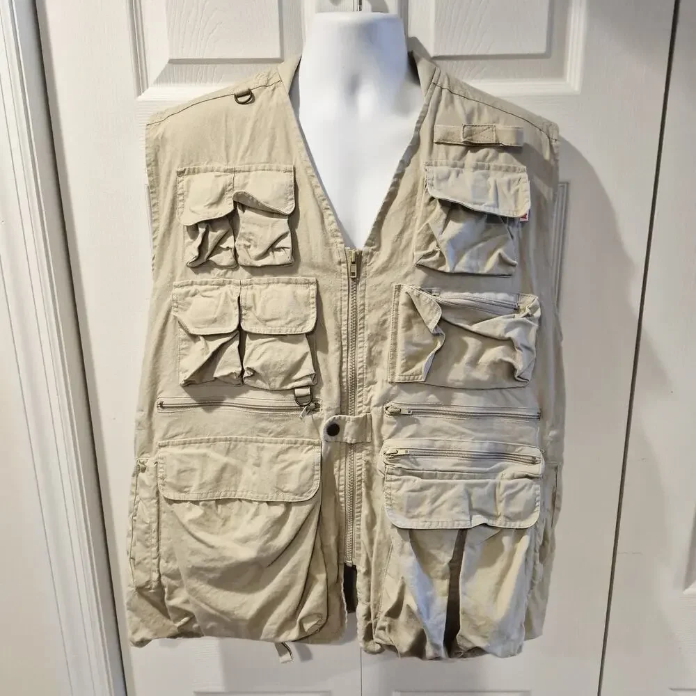 AGFA Eldeco Corporate Wear Utility Fishing Safari Vest Tan Multi Pocket Zip Mens